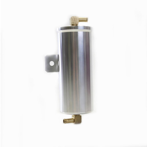 Billet Aluminum Overflow Tank 2.75 inch X 6.5 inch Note: 3/8 inch inlet and outlet, brass hose barbs